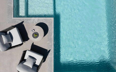 Villa Estia: Swimming Pool, Outdoor Furniture, Sunlounger, Composite Material, Resort, Chair, Leisure, Shade, Chaise Longue, Concrete