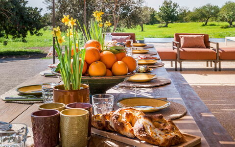 Villa del Sole: Tableware, Furniture, Food, Table, Serveware, Fruit, Flowerpot, Dishware, Drinkware, Plate