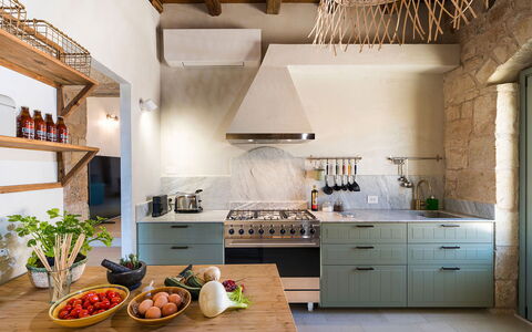 Villa del Sole: Kitchen, Interior Design, Furniture, Countertop, Flooring, Kitchen Appliance, Wood, Cabinetry, Ceiling, Major Appliance