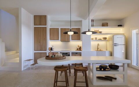 Villa Medea: Interior Design, Light Fixture, Furniture, Ceiling, Kitchen, Flooring, Wood, Countertop, Lighting, Floor