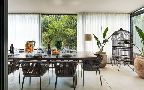 Villa Monica: Furniture, Interior Design, Table, Dining Room, Kitchen & Dining Room Table, Chair, Outdoor Table, Room, Glass, Natural Material