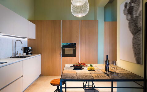 Villa Monica: Furniture, Interior Design, Kitchen, Flooring, Countertop, Floor, Wood, Kitchen Appliance, Light Fixture, Home