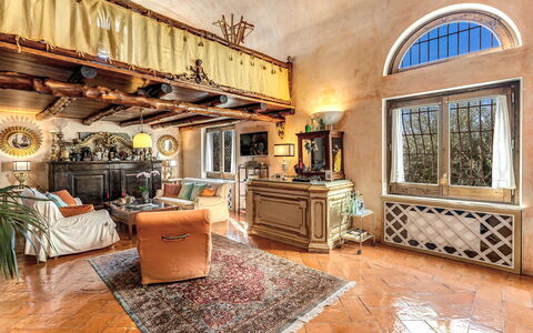 Villa Madonna di Costantinopoli: Wall, Furniture, Interior Design, Flooring, Home, Lighting, Floor, Couch, Chair, Living Room