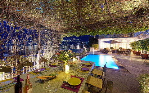 Villa Silva: Blue, Swimming Pool, Resort, Night, Landscape Lighting, Eco Hotel, Hotel, Chair, Outdoor Furniture, Restaurant