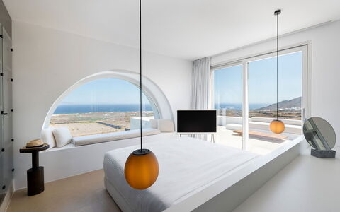 Villa Kallisti: Floor, Ceiling, Bedroom, Bed, Daylighting, Bedding, Wood Flooring, Penthouse Apartment, Hotel, Bed Sheet