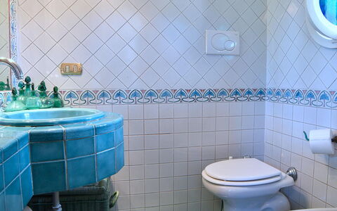 Villa Birbante: Blue, Flooring, Interior Design, Floor, Plumbing Fixture, Tile, Bathroom, Tap, Bathroom Sink, Plumbing