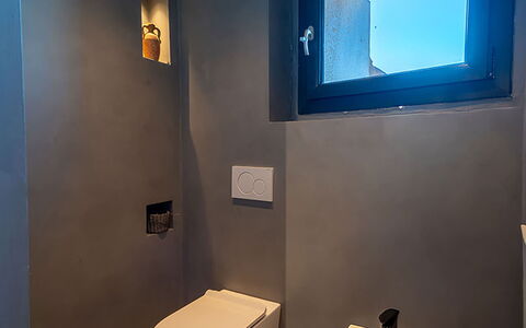 Iris House: Plumbing Fixture, Toilet Seat, Toilet, Flooring, Bathroom, Floor, Plumbing, Mirror, Bidet, Tile