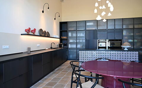 Masseria Loyola: Interior Design, Flooring, Kitchen, Furniture, Light Fixture, Lighting, Floor, Cabinetry, Countertop, Ceiling