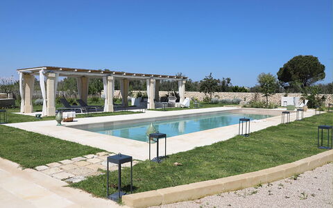 Masseria Loyola: Garden, Landscaping, Swimming Pool, Shade, Estate, Courtyard, Outdoor Structure, Design, Outdoor Furniture, Backyard