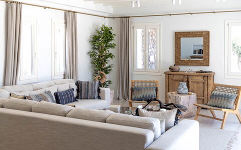 Villa Mitos: Furniture, Interior Design, Couch, Living Room, Wood, Room, Home, Textile, Flooring, Throw Pillow
