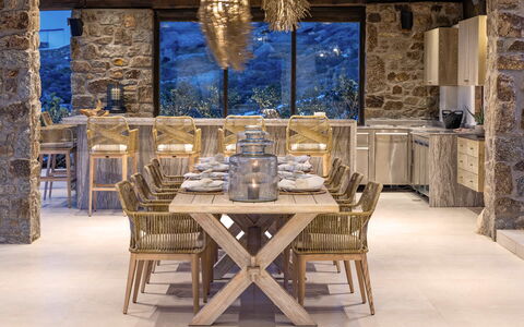 Villa Mitos: Furniture, Wood, Interior Design, Table, Chair, Kitchen & Dining Room Table, Flooring, Floor, Dining Room, Home
