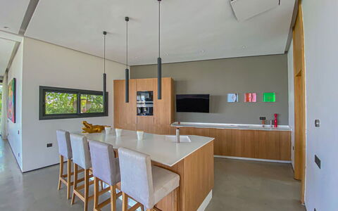 Villa Inaya: Interior Design, Furniture, Flooring, Wood, Floor, Ceiling, Kitchen, Countertop, Light Fixture, Lighting