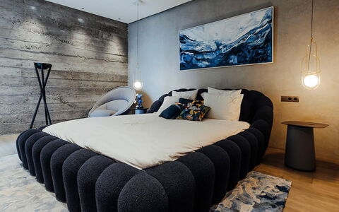 Villa Zaynab: Bedroom, Furniture, Interior Design, Bed, Wood, Bedding, Bed Sheet, Textile, Linens, Lighting