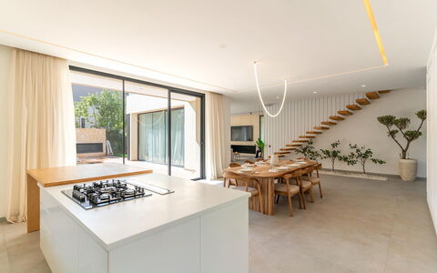 Villa Hamza: Wood, Flooring, Floor, Interior Design, Ceiling, Home, Countertop, Kitchen, Wood Flooring, Kitchen & Dining Room Table
