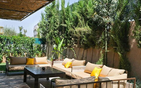 Villa Habiba: Furniture, Outdoor Furniture, Wood, Shade, Garden, Outdoor Table, Chair, Flowerpot, Backyard