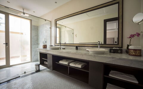 Villa Malak: Bathroom Sink, Plumbing Fixture, Flooring, Interior Design, Bathroom, Wall, Sink, Countertop, Floor, Tap