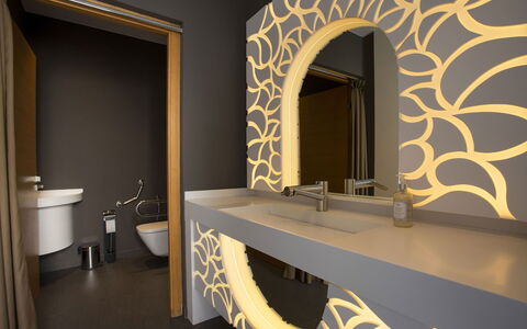 Villa Malika: Interior Design, Plumbing Fixture, Tap, Plumbing, Bathroom Sink, Bathroom, Sink, Light Fixture, Mirror, Design