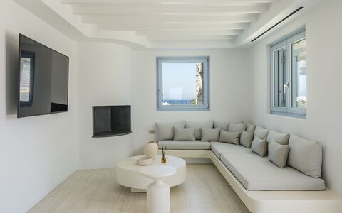 Villa Nikolas: Interior Design, Apartment, Home, Ceiling, Living Room, Couch, Throw Pillow, Design, Pillow