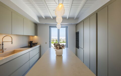 Villa Nikolas: Interior Design, Wood, Flooring, Ceiling, Kitchen, Countertop, Light Fixture, Floor, Furniture, Lighting