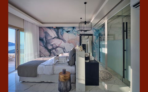 Villa Elettra: Bedroom, Furniture, Interior Design, Ceiling, Bed Sheet, Floor, Bedding, Home, Bed, Pillow