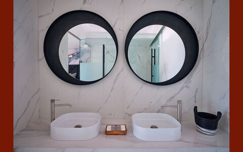 Villa Elettra: Interior Design, Bathroom Sink, Mirror, Sink, Plumbing Fixture, Tap, Light Fixture, Bathroom, Plumbing, Countertop