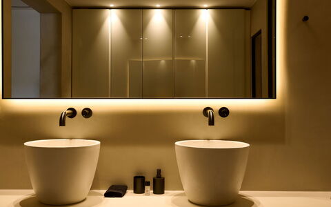 Villa Socrate: Interior Design, Lighting, Plumbing, Plumbing Fixture, Light Fixture, Bathroom Sink, Tap, Sink, Mirror, Bathroom