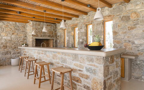 Villa Demetra: Wall, Wood, Furniture, Interior Design, Flooring, Ceiling, Stone Wall, Countertop, Bar Stool, Kitchen