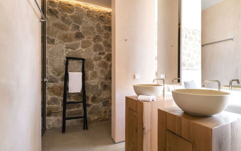 Villa Teseo: Wall, Flooring, Plumbing Fixture, Bathroom, Interior Design, Bathroom Sink, Floor, Sink, Tap, Lighting