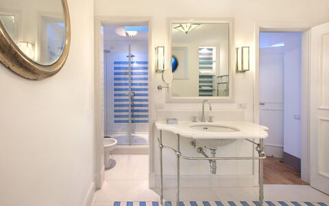 Casa la Riva: Blue, Interior Design, Flooring, Plumbing Fixture, Floor, Bathroom, Ceiling, Plumbing, Lighting, Home