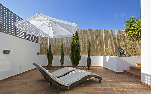 Villa Bridget: Outdoor Furniture, Furniture, Floor, Swimming Pool, Chair, Sunlounger, Composite Material, Umbrella, Flowerpot, Shade