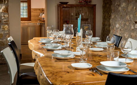 Villa Thalia: Furniture, Wood, Table, Tableware, Interior Design, Dining Room, Kitchen & Dining Room Table, Chair, Stemware, Serveware