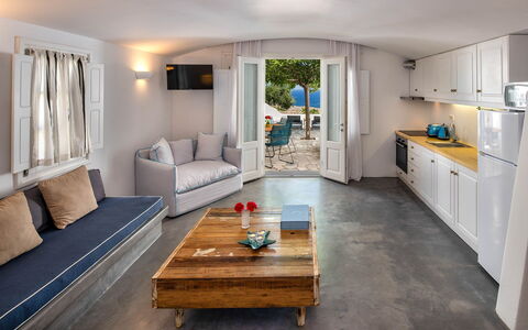 Villa Vorias: Furniture, Couch, Outdoor Furniture, Hardwood, Kitchen & Dining Room Table, Chair, Coffee Table, Outdoor Structure, Living Room