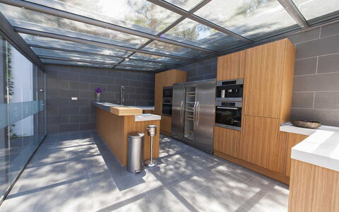Casa Asia: Wood, Flooring, Kitchen, Interior Design, Floor, Countertop, Ceiling, Composite Material, Glass, Wood Stain