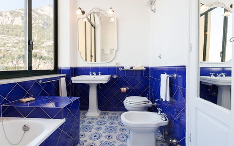 Casa Praiano: Blue, Interior Design, Flooring, Plumbing Fixture, Floor, Bathroom, Lighting, Tap, Tile, Sink