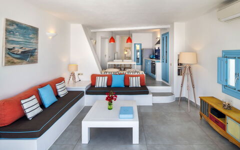 Guest House Livas: Blue, Furniture, Interior Design, Table, Apartment, Chair, Living Room, Couch, Throw Pillow