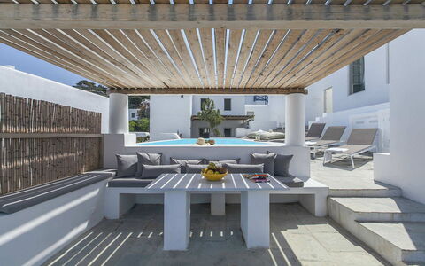 Halki Villa: Floor, Composite Material, Outdoor Furniture, Chair, Pergola, Shade, Balcony, Design, Natural Material, Courtyard