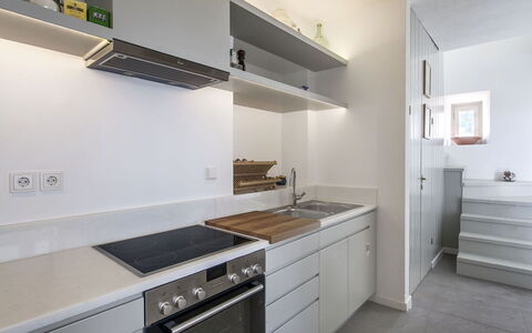 Halki Villa: Kitchen, Countertop, Kitchen Appliance, Cabinetry, Interior Design, Wall, Major Appliance, Flooring, Wood, Home Appliance