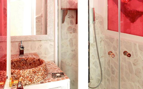 Queen Villa: Bathroom, Wall, Plumbing Fixture, Interior Design, Floor, Flooring, Plumbing, Tap, Lighting, Pink