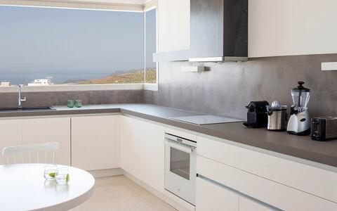 Thera Princess: Interior Design, Kitchen, Flooring, Countertop, Ceiling, Wood, Floor, Light Fixture, Furniture, Cabinetry