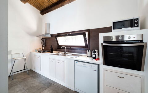 Villa Almond: Kitchen, Kitchen Appliance, Major Appliance, Countertop, Furniture, Cabinetry, Interior Design, Home Appliance, Kitchen Stove, Kitchen Sink