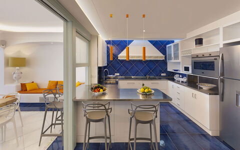 Villa Avion: Furniture, Interior Design, Kitchen, Flooring, Ceiling, Floor, Countertop, Lighting, Light Fixture, Chair