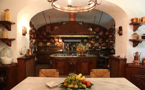 Villa Correale: Interior Design, Lighting, Furniture, Light Fixture, Ceiling, Room, Chair, Kitchen, Wood Stain, Cabinetry