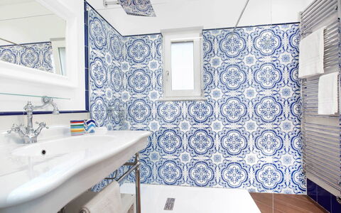 Villa del Saraceno: Blue, Flooring, Plumbing Fixture, Interior Design, Bathroom, Floor, Tile, Toilet, Plumbing, Toilet Seat