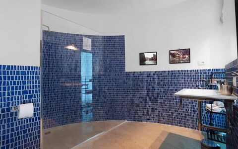 Villa Ettore: Blue, Flooring, Floor, Interior Design, Composite Material, Plumbing Fixture, Tile, Plumbing, Ceiling, Bathroom