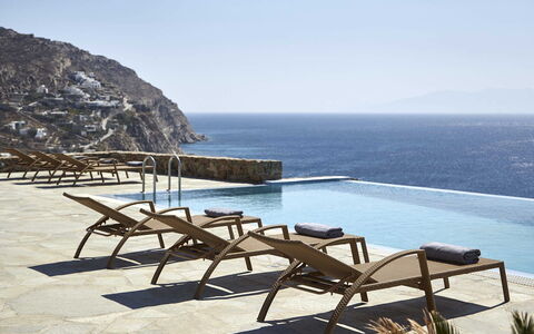 Villa Helios: Furniture, Outdoor Furniture, Chair, Sea, Sunlounger, Resort, Coast, Swimming Pool, Ocean, Wood Flooring