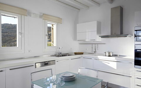 Villa Helios: Kitchen, Kitchen Appliance, Countertop, Furniture, Interior Design, Major Appliance, Flooring, Cabinetry, Sink, Home Appliance
