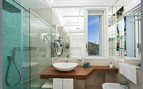 Villa Ieranto 6: Bathroom, Interior Design, Plumbing Fixture, Bathroom Sink, Sink, Flooring, Floor, Tap, Mirror, Plumbing