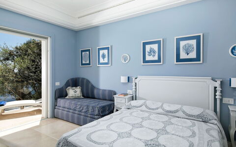 Villa Ieranto 6: Blue, Furniture, Interior Design, Wall, Ceiling, Floor, Bedroom, Textile, Flooring, Bed