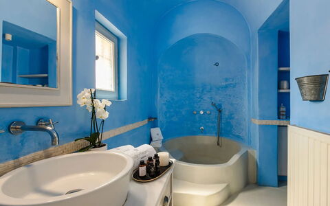 Villa Jasmine: Blue, Interior Design, Ceiling, Plumbing Fixture, Furniture, Flooring, Floor, Bathroom, Room, Bathtub