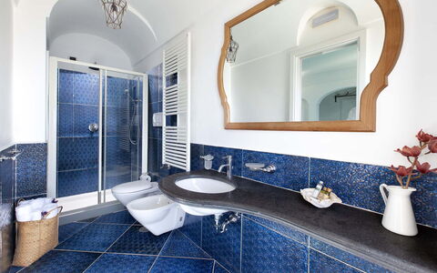 Villa Magnolia: Blue, Flooring, Interior Design, Plumbing Fixture, Floor, Tap, Bathroom Sink, Sink, Tile, Bathroom